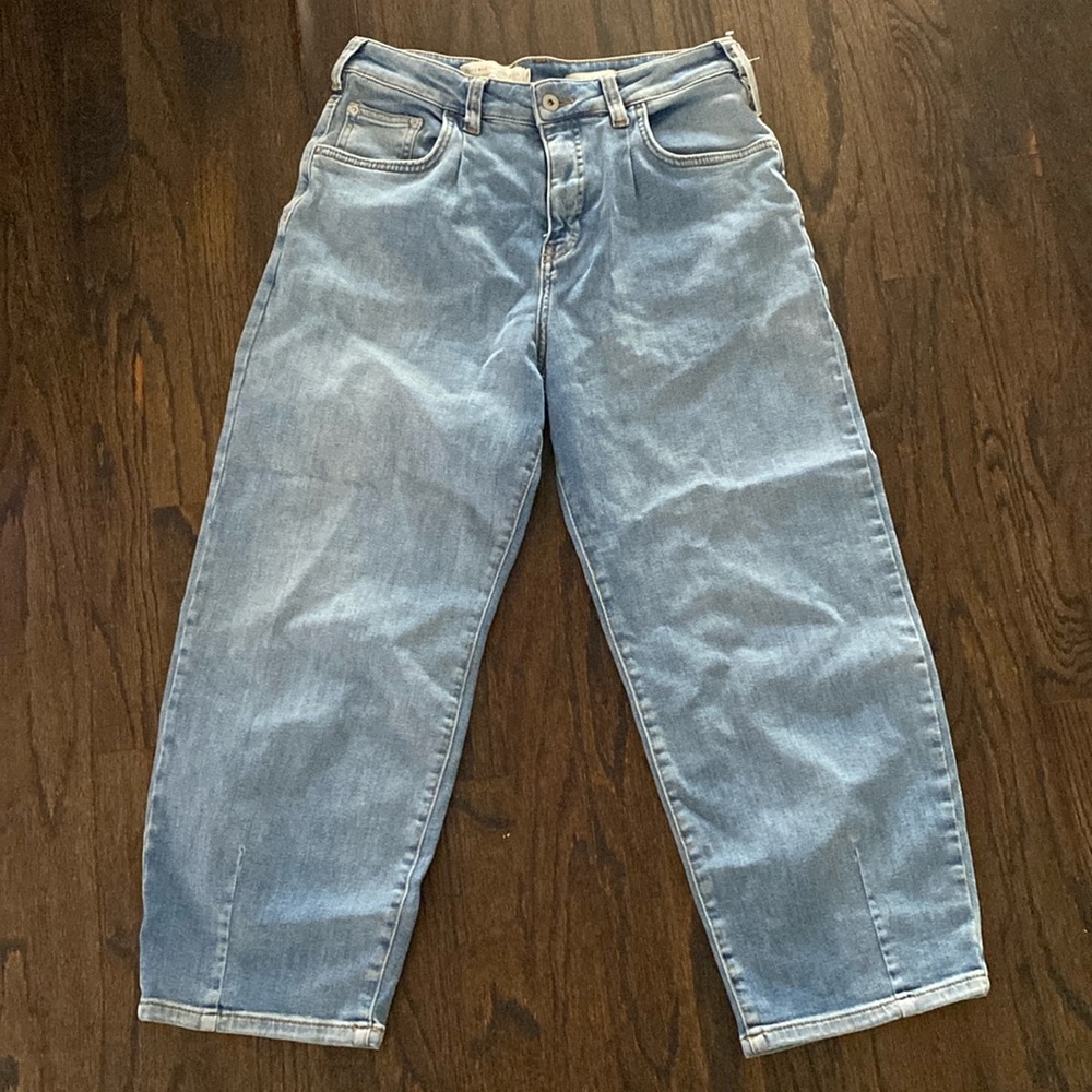 Pilcro and the Letterpress light wash wide leg high waisted Mom jeans